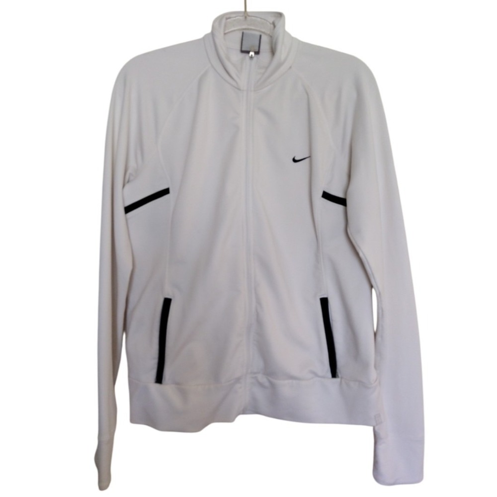 Nike Fit Dry‎ Track Jacket Women Medium White Full Zip Up Pockets Embroidered...